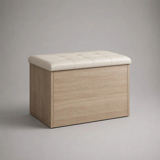 Panca contenitore rettangolare in pannello truciolare e similpelle PU, rovere chiaro e bianco, 80 x 40 x 50 cm
