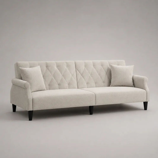 Divano lineare 3 posti in tessuto crema con schienale trapuntato, 210 x 82 x 84 cm