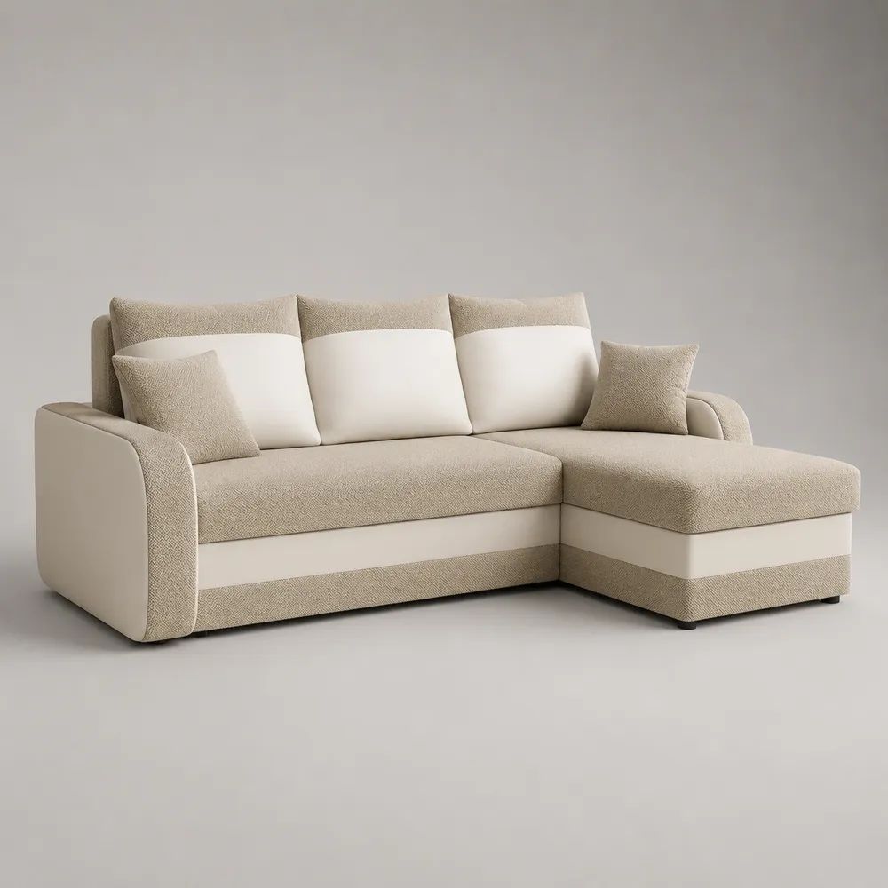 Divano angolare a L a 3 posti con penisola destra in tessuto beige e crema, 245 x 160 x 90 cm