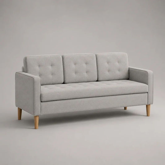 Divano 3 posti in poliestere grigio chiaro con gambe in legno massello, 188 x 80 x 85 cm